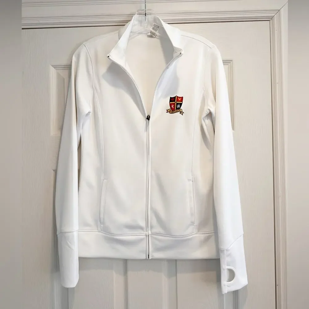 ALO White Full Zip Bomber Jacket LEGACY Crest Stretch Thumbhole Medium Athletic